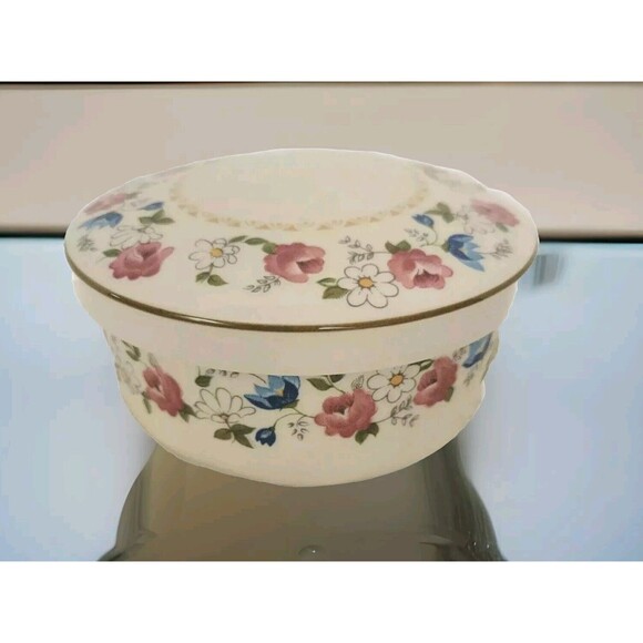 Vtg Hankook Powder Jar Trinket Jewelry Box Lid Multi Color Floral Flowers Korea - Picture 2 of 12